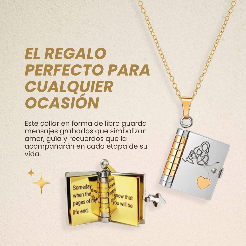 COLLAR EN FORMA DE LIBRO PARA NIETA, AJUSTABLE EN PLATA U ORO, CON 6 PÁGINAS GRABADAS. UN REGALO ESPECIAL CON AMOR