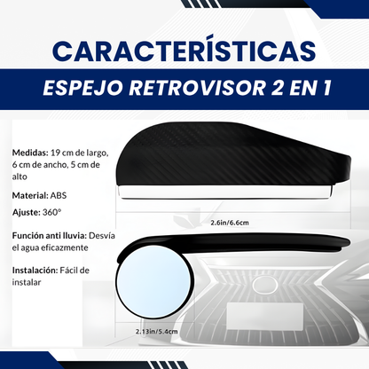 ESPEJO RETROVISOR 2 EN 1 CON VISURA ANTI LLUVIA + ESPEJO AUXILIAR DE PUNTO CIEGO