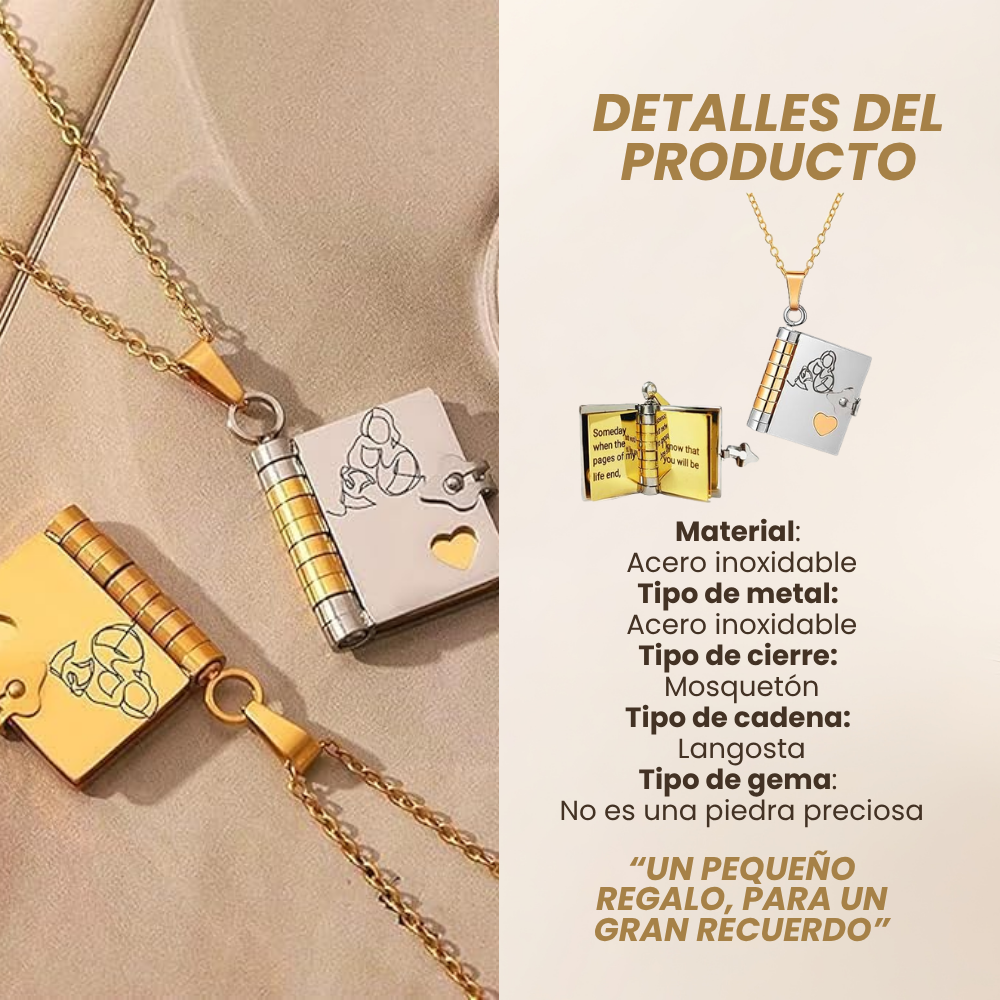 COLLAR EN FORMA DE LIBRO PARA NIETA, AJUSTABLE EN PLATA U ORO, CON 6 PÁGINAS GRABADAS. UN REGALO ESPECIAL CON AMOR
